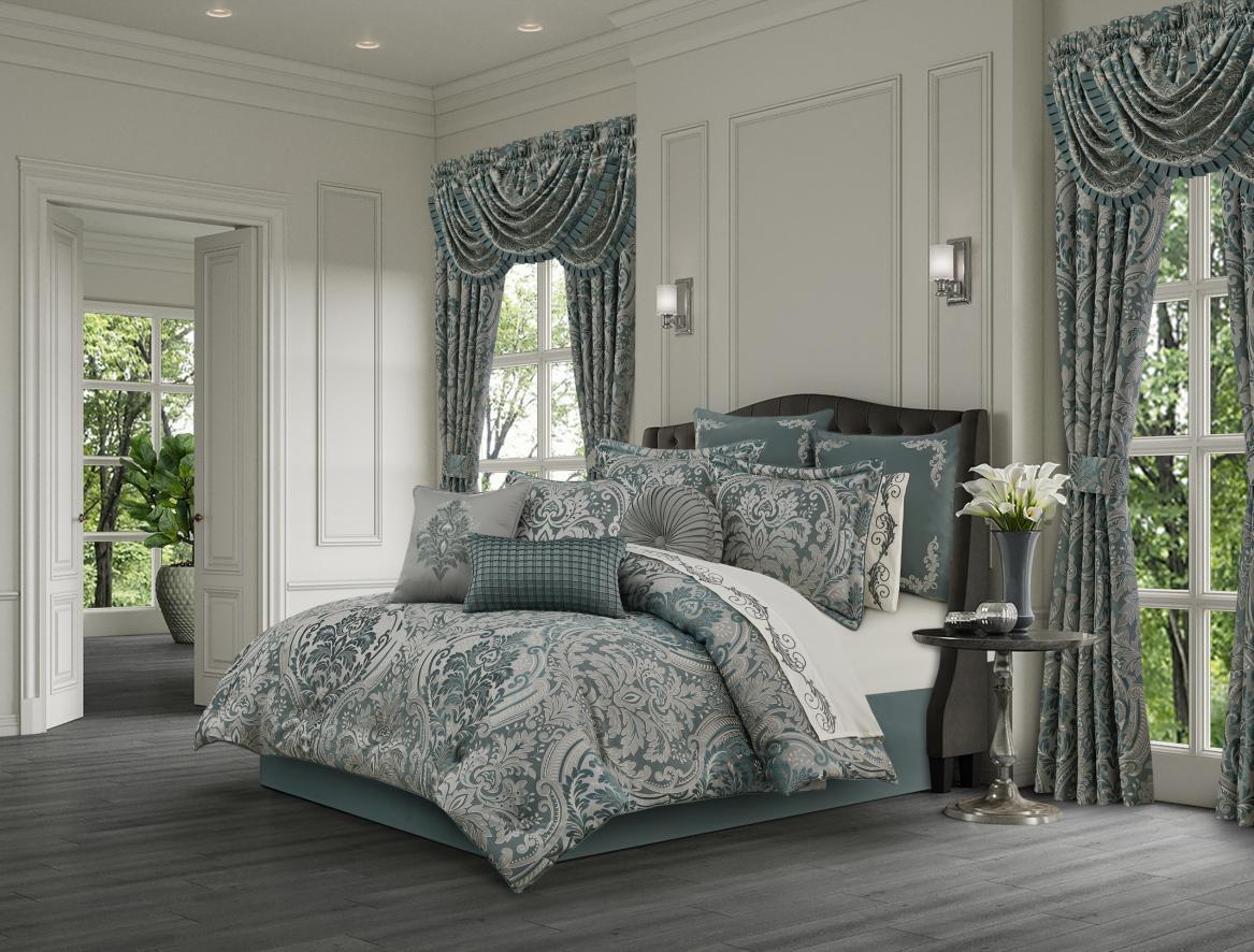 Coordinated home textile room set prepared for retail presentation