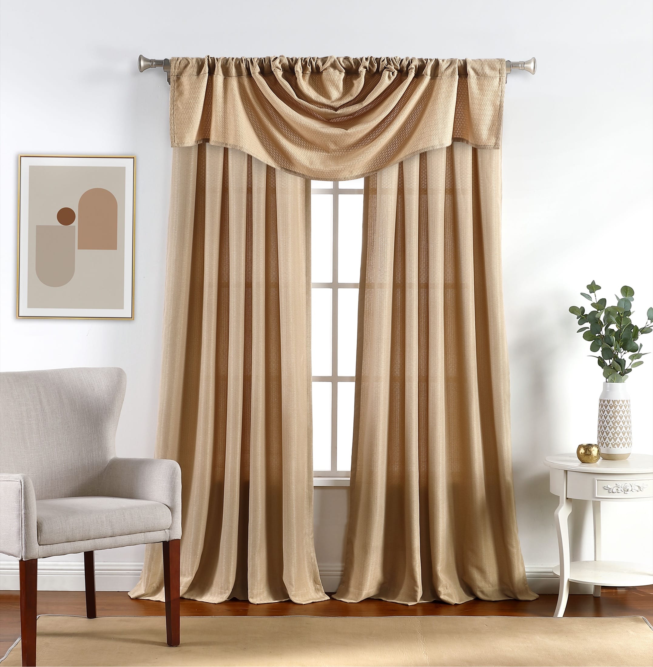 Neutral curtain panels and valance photographed as a complete window set