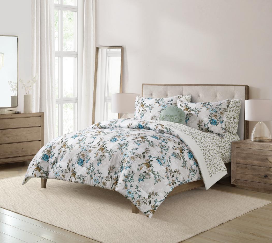 Floral bedding photographed in a warm modern room set